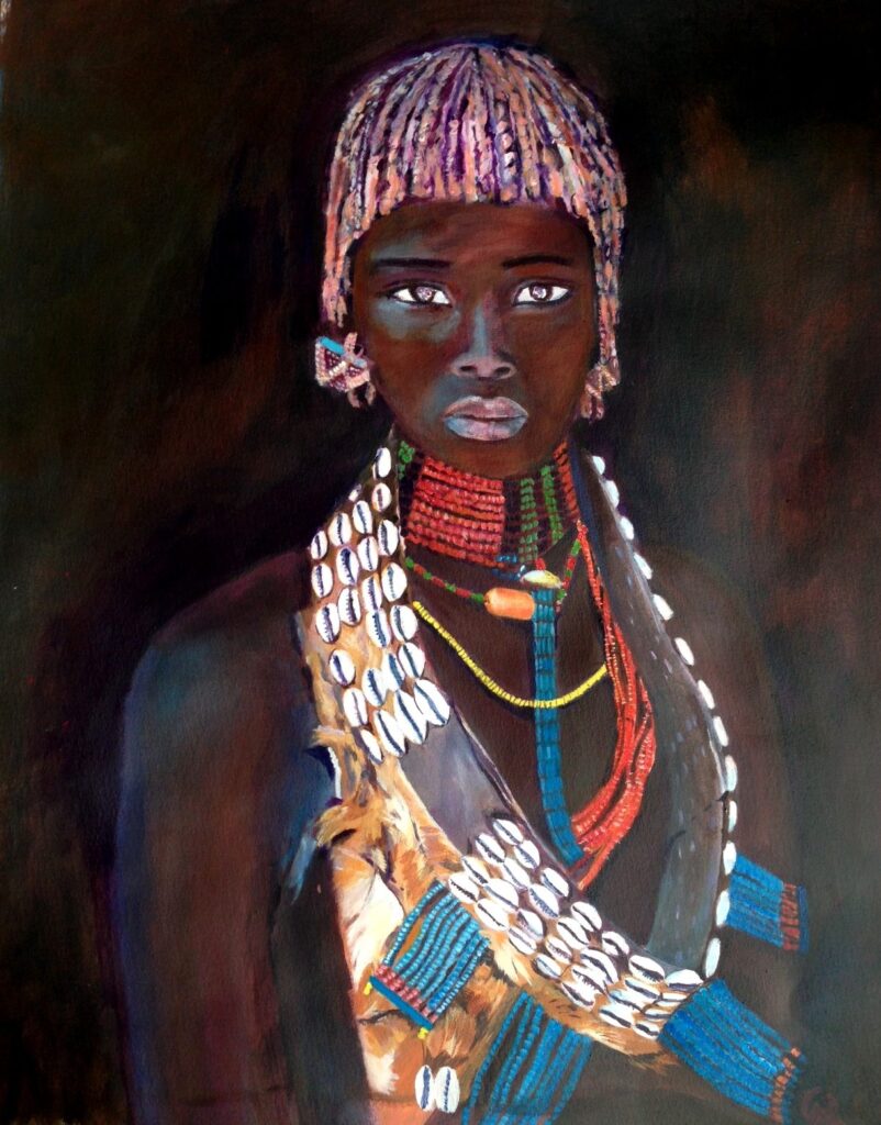 schilderij van een Afrikaanse vrouw die veel kralen draagt