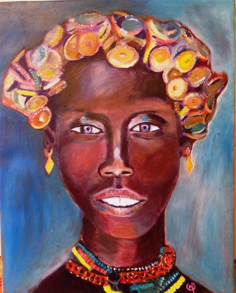 schilderij van een Afrikaanse vrouw met doppen in het haar als versiering