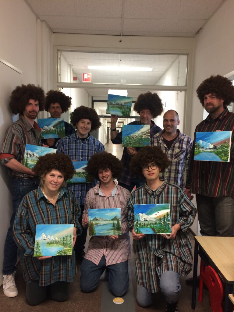 creative workshop Bob Ross painting, company and team building experience, fun and relax workshop, real masterpiece, on location in the Netherlands and Belgium, English speaking or Dutch speaking